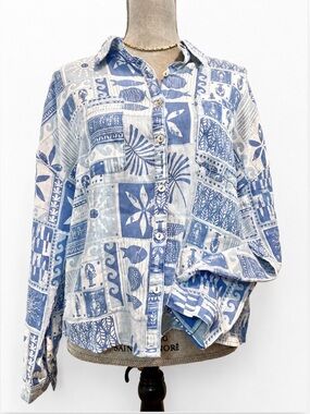C&C California 100% Linen Blue & White Coastal Print Button-Up Shirt Size Medium